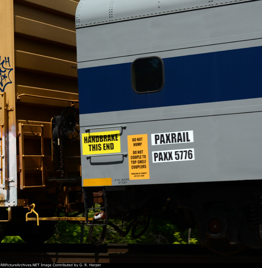 PAXX 5776 reporting marks.  Car on rear of CSX manifest L214 westbound.